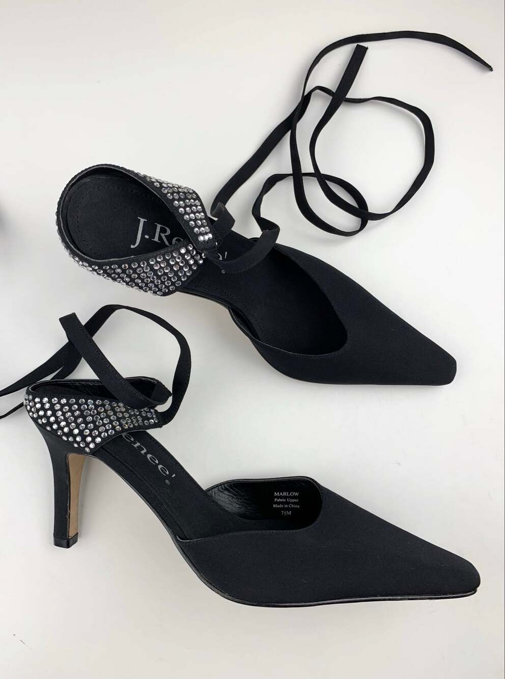 J Renee Marlow Pumps Black Pointed Toe Heels Wrap Around Ankle Ties Women's 7.5